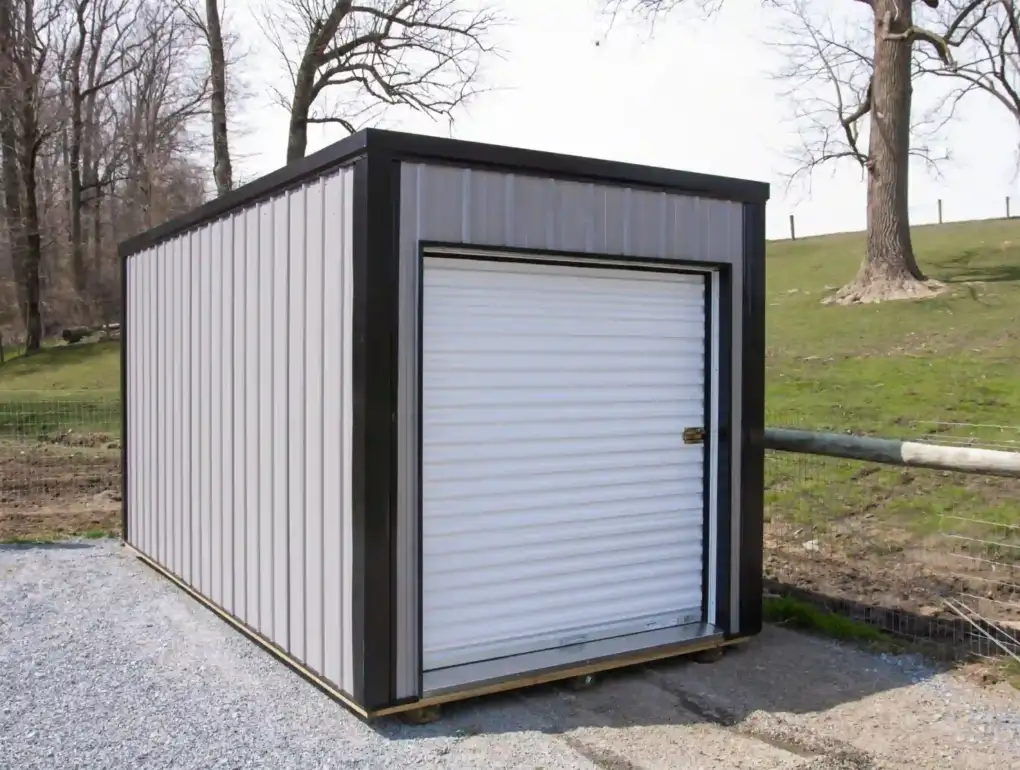 A modern metal portable storage shed with a roll-up door, installed on a gravel pad in Lancaster County by Mill Run Storage.