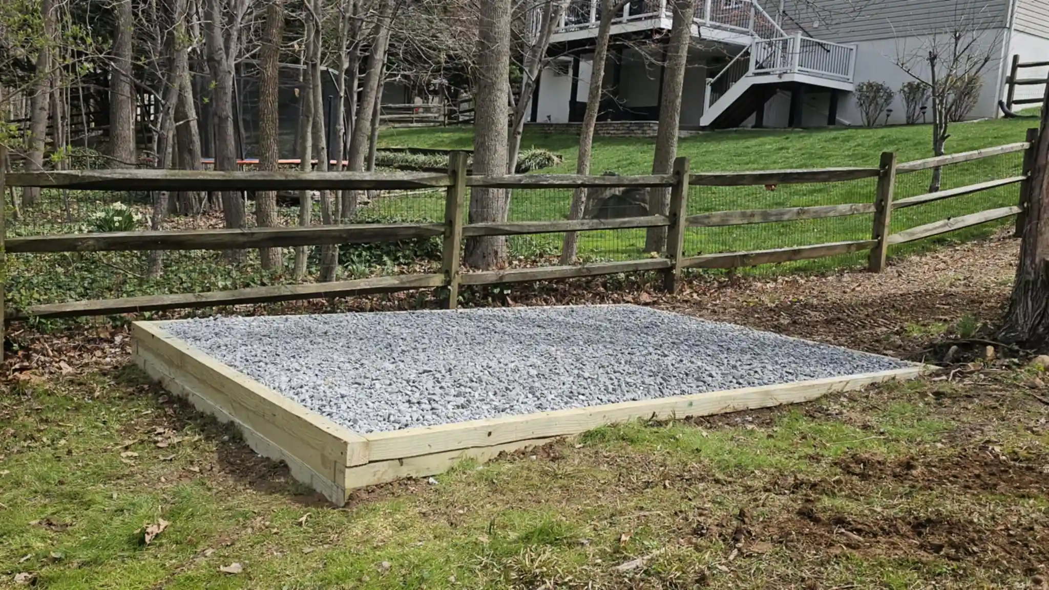 A perfectly level and compacted gravel pad foundation prepared by Mill Run Storage in Christiana, PA, ready for a new shed installation.